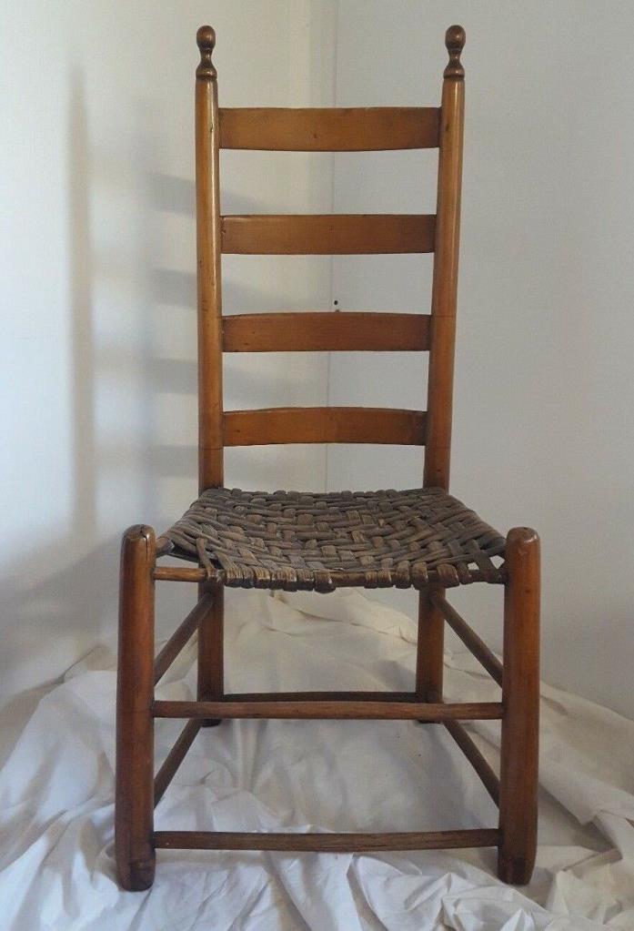 Antique Shaker 4 Slat Ladder Back Side Chair Rush Seat Maple Handmade 9723