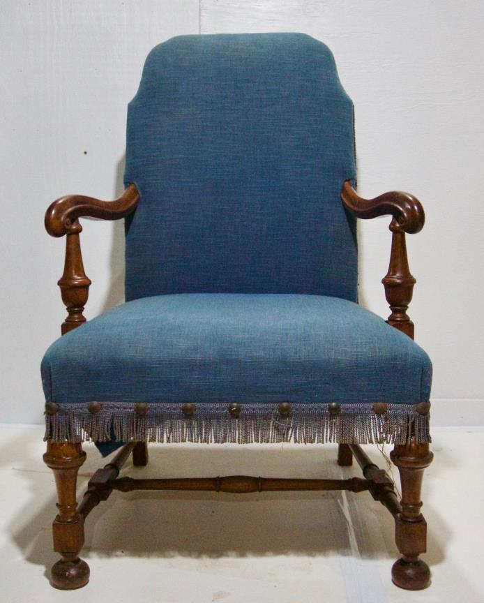 Period Jacobean Carved Walnut Armchair 18th Century Scrolled Arms Turned Legs