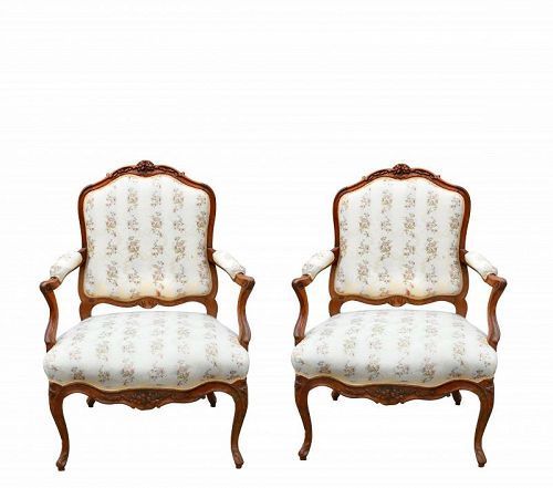 Antique Pair of Louis XV Beechwood Fauteuils Armchairs Stamped by Maker