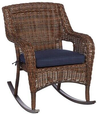 Hampton Bay Cambridge Brown Wicker Outdoor Rocking Chair with Blue Cushions