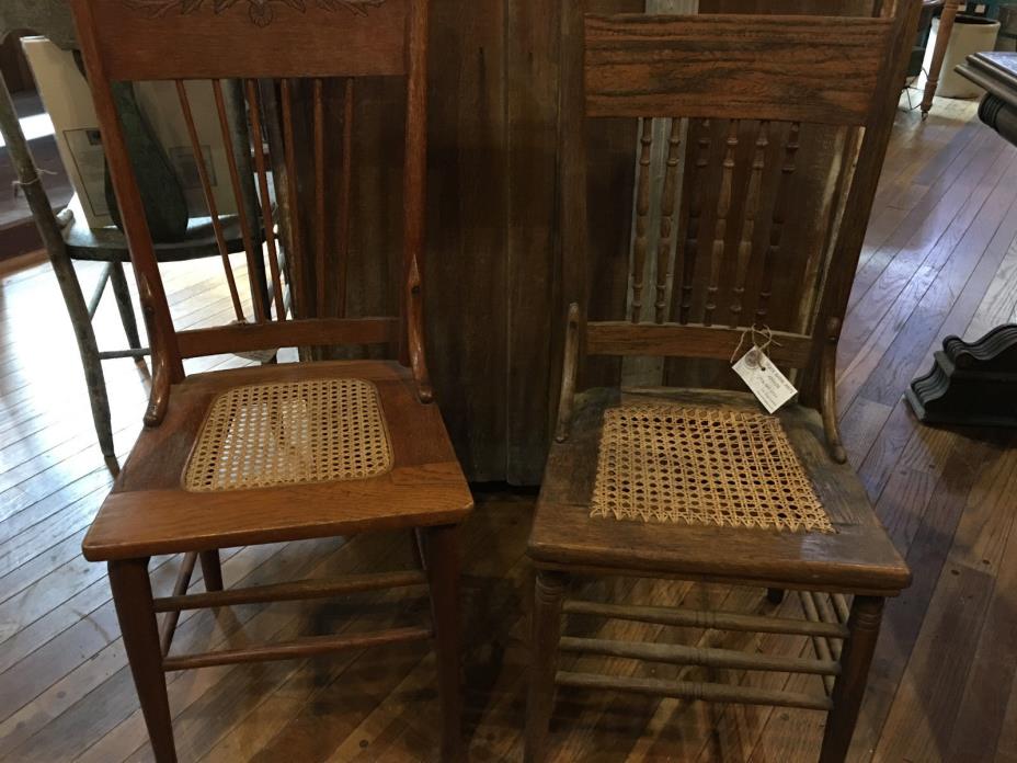 2 Vintage Mismatched Oak Aged Patina High Back Caned Seat  Chairs