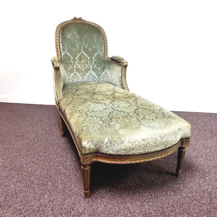 19th Century Louis XVI Style Antique French Chaise with Velvet Damask Upholstery