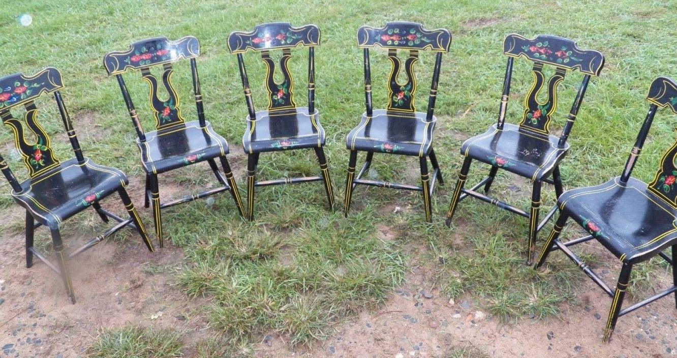 Set Of 6 Paint Decorated Black Plank Seat EBERSOL Chairs PA. Rustic Primitive