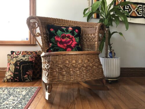 Antique Victorian Wicker Rattan Rocking Arm Lounge Chair Rocker Rustic Primitive
