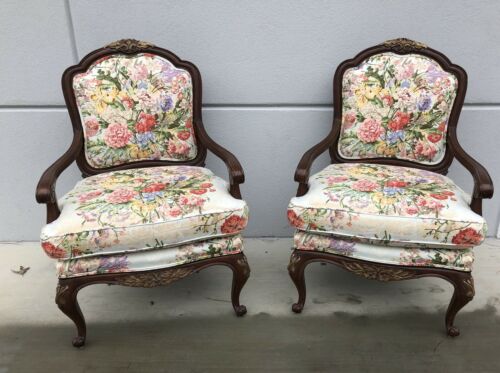 Pair French Country Floral Upholstered Chairs