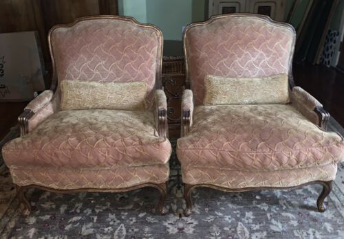 Pair French Antique Chairs Wooden with Custom Upholstery