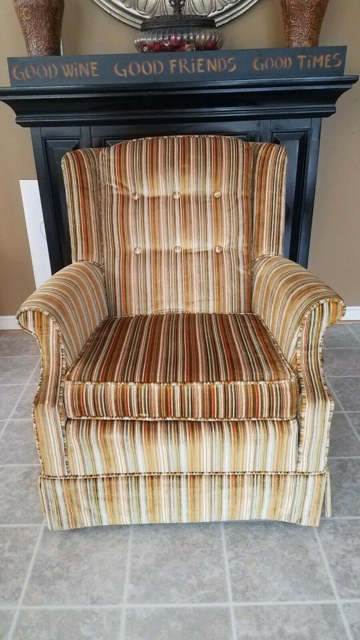 Vintage Gold Striped Velvet Fabric Tufted Arm Chair - VGC