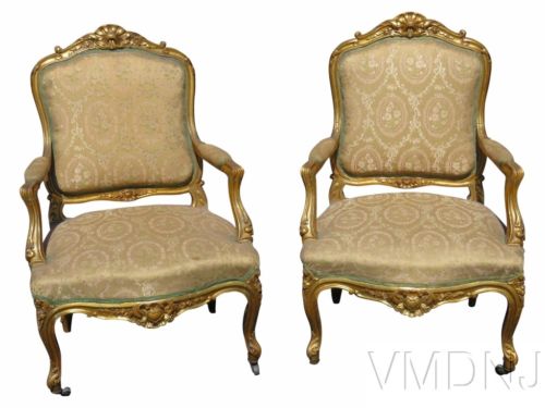 VMD1144- Pair Louis XVI Style Gilt Carved Upholstered Fauteils
