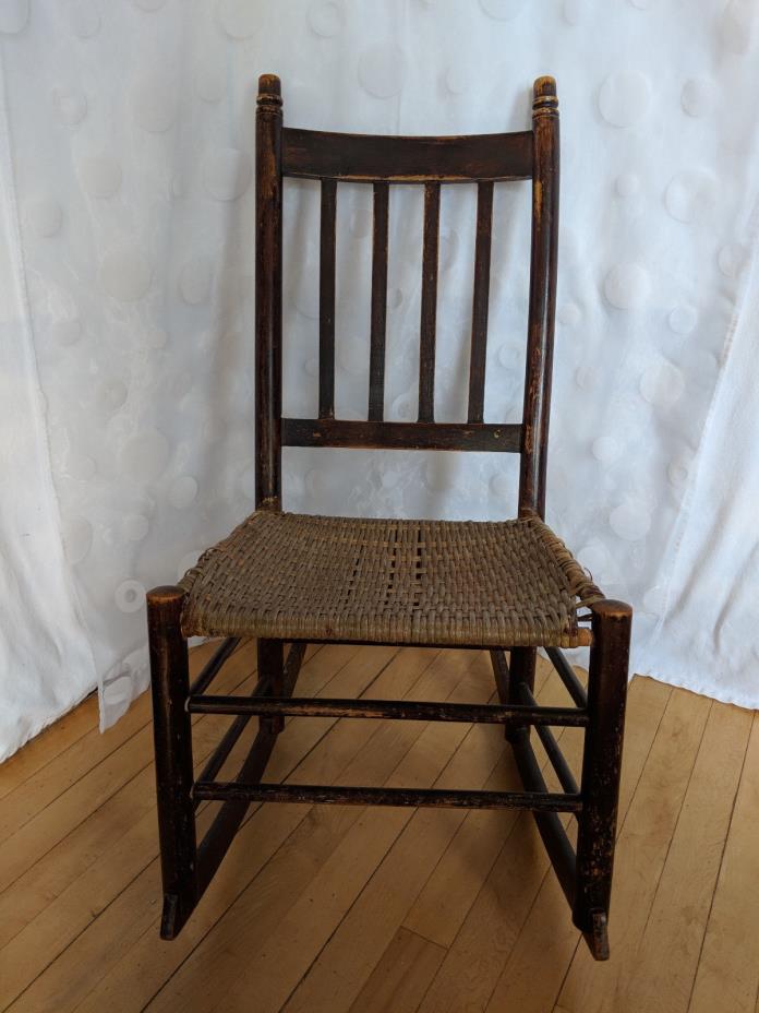 Antique Primitive Wood Sewing Nursing Rocking Chair Woven Wicker Seat Late 1800s