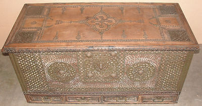 Rare Antique Pierced Brass Large Anglo Indian Zanzibar Chest 1875 W/ Secret Comp