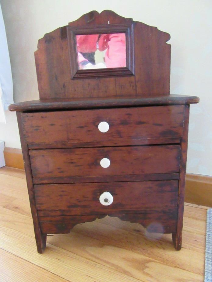 SWEET ANTIQUE MINIATURE CHEST DRAWERS MIRROR DRESSER SPICE JEWELRY DOLL SMALL