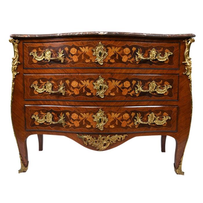 19th C. Louis XV Marquetry Chest of Drawers w/Multicolored Beveled Marble Top