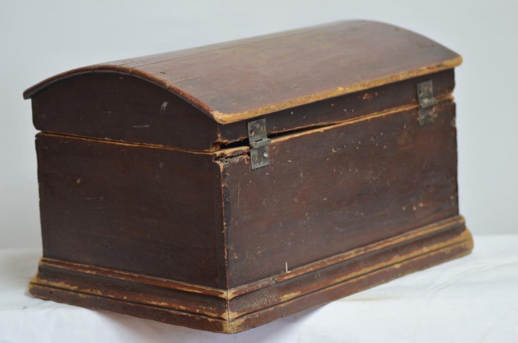 Small Antique Dome Top Pine Blanket Box Chest in Original Red Paint - Circa 1890