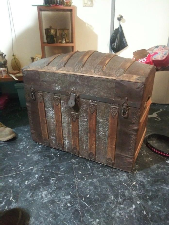 1800's Antique Victorian vulcanized metal Steamer Trunk Chest rare