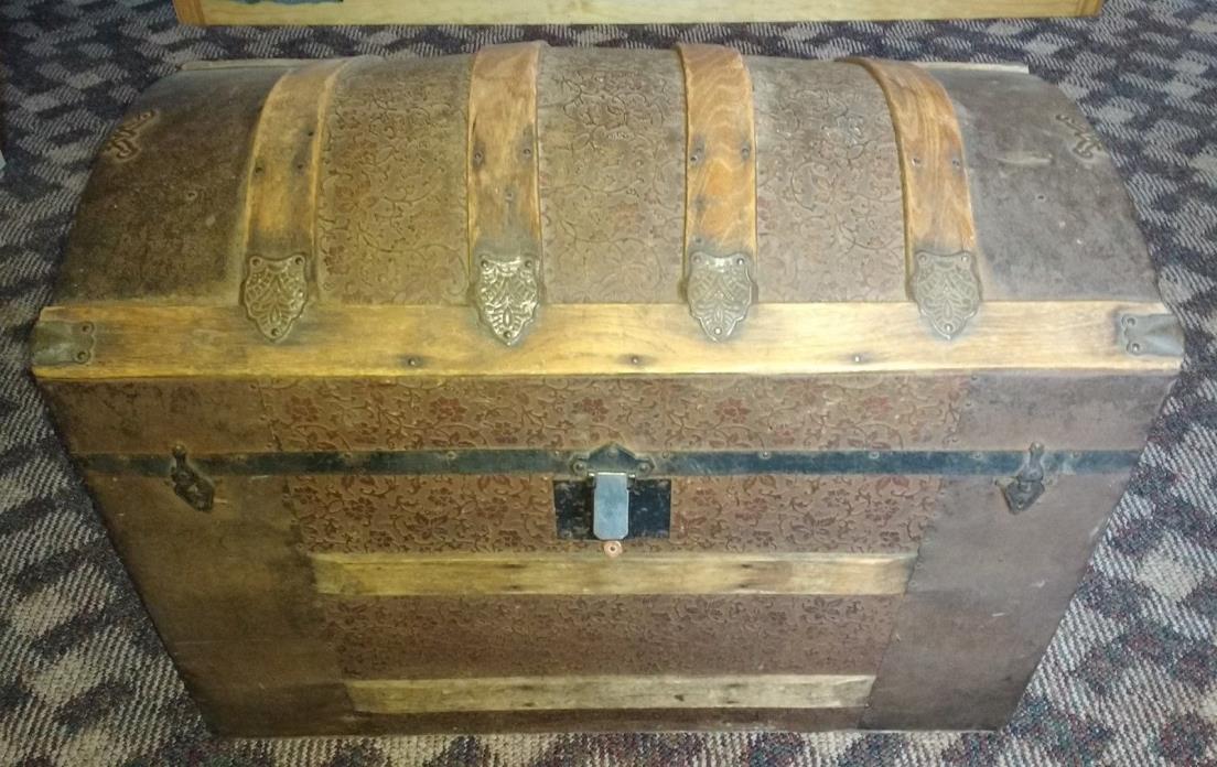 Antique Steamer Trunk Chest Dome Top Embossed Floral Tin Brown Wood Footlocker