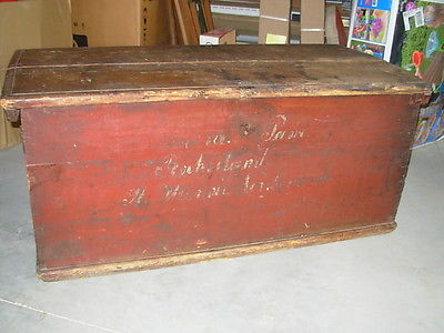 Red Paint Wash Primitive Pine Dovetailed Curved Top Lettering Rock Island IL