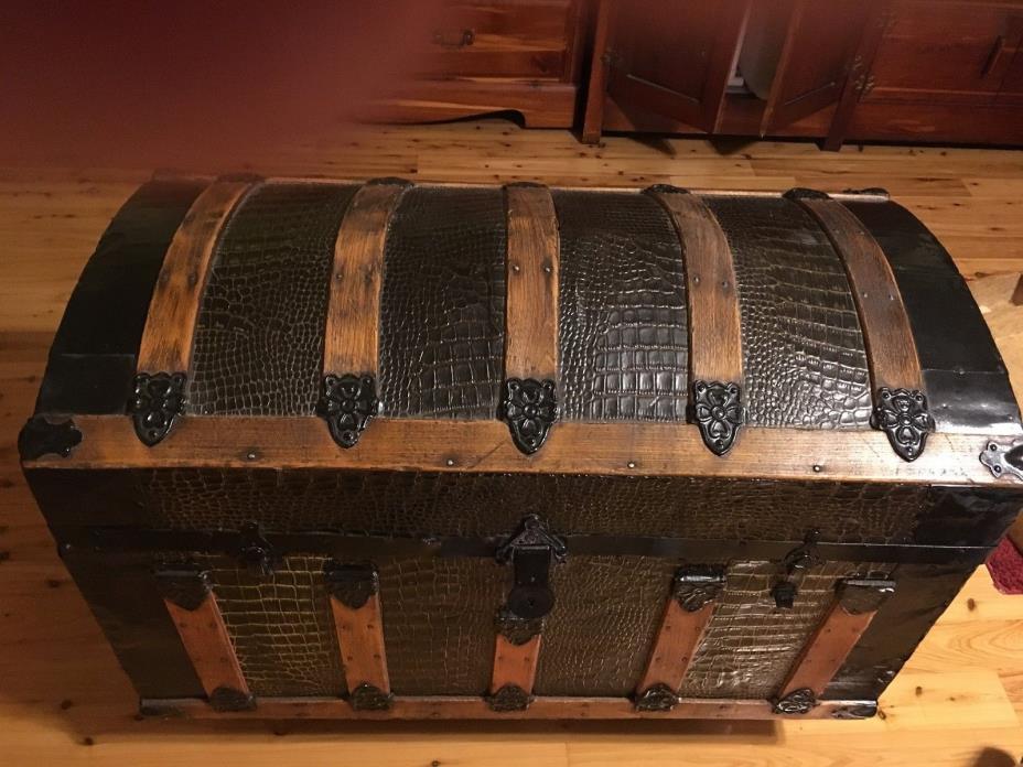 HUMPBACK DOME STEAMER TRUNK WITH FAUX ALLIGATOR SKIN EXTERIOR