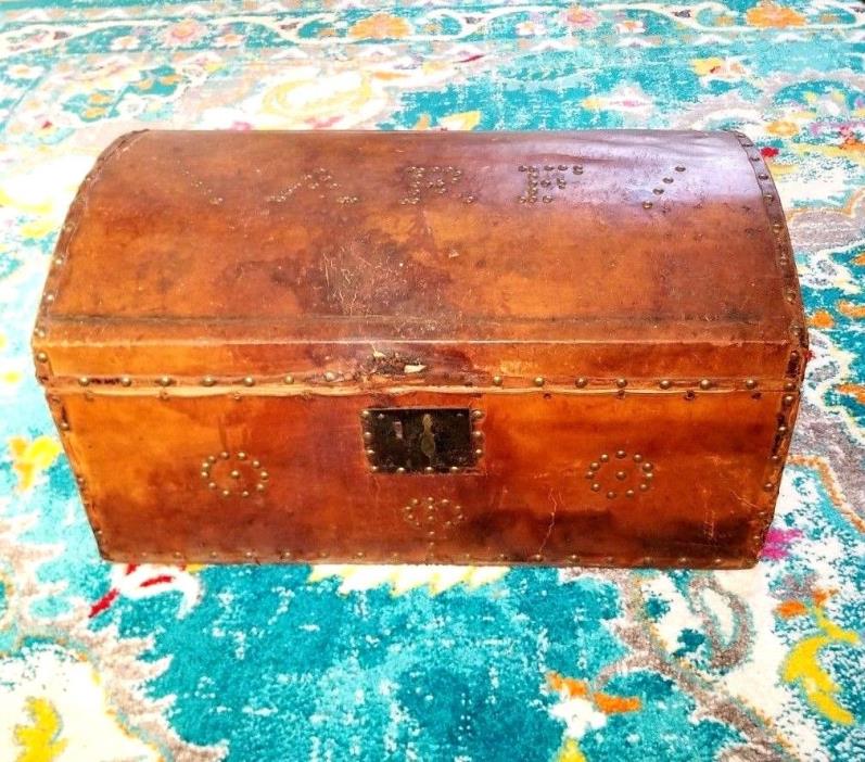 Antique Mid 19th C Leather Bound Brass Tacks Studded Dome Top Trunk Dated 1847