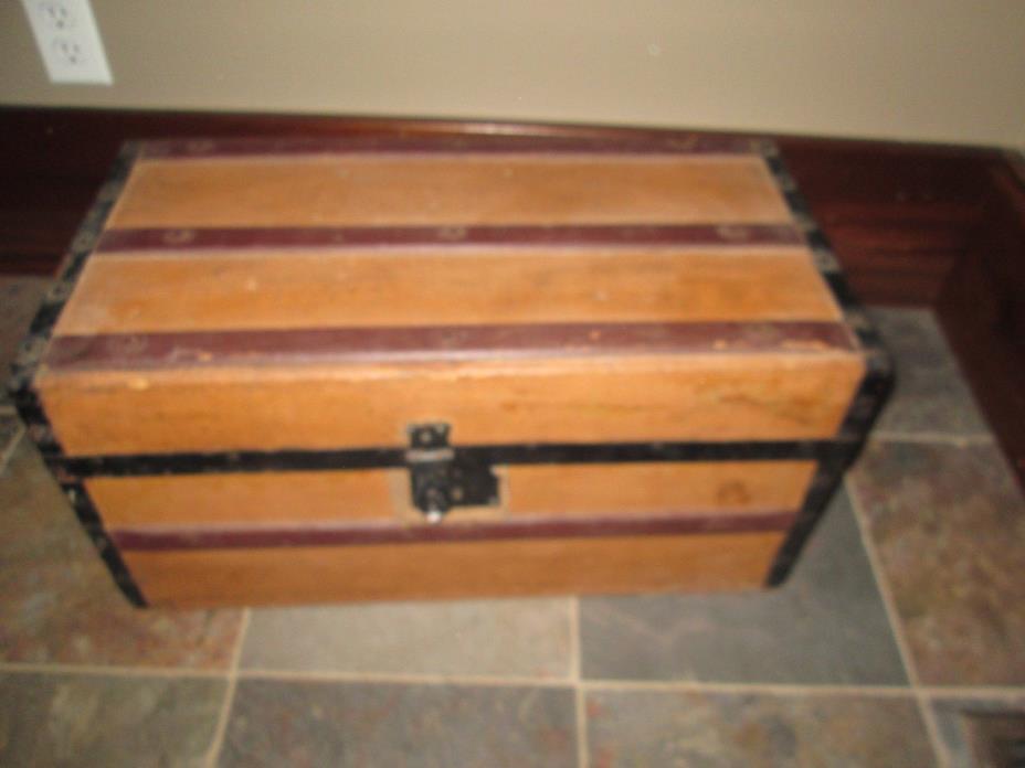 Child's  Antique Wood Trunk METAL STRAPS WOOD HANDLES FLAT TOP 24 INS WIDE