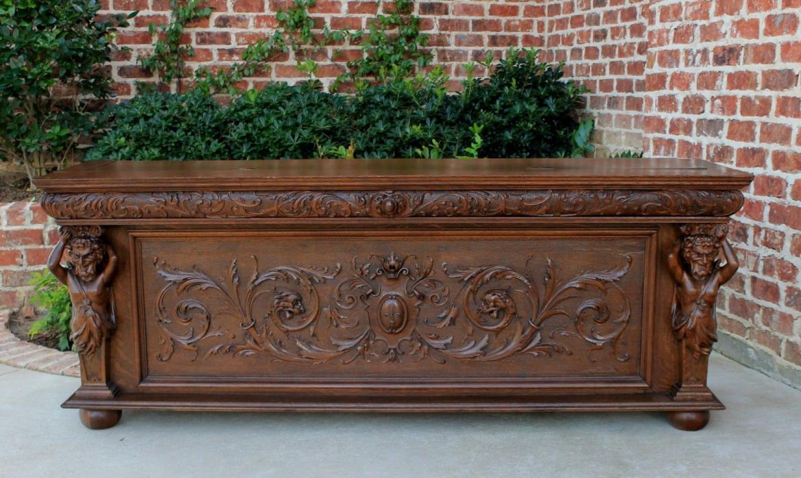 Antique French Neo-GOTHIC Oak Marriage Chest Coffer Blanket Box Bench FREE SHIP