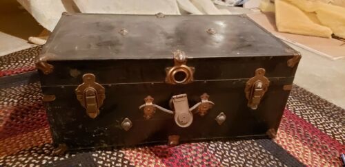 Vintage Antique Metal  Travel Trunk Suitcase Black Color
