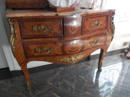Marble Top Louis XV Style Chest/Dresser Inlaid Wood with Ormolu Mounts