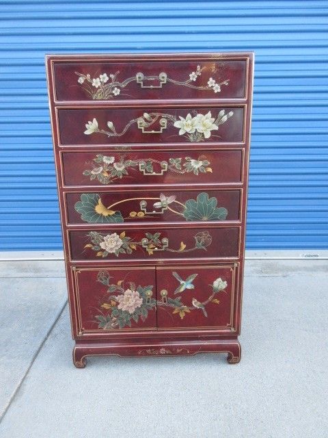 Oriental Style Chest of Drawers with Lacquer Painted Ornate Design
