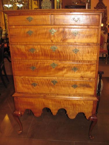 Antique American Queen Anne Tiger Maple Chest on Stand Circa 1740