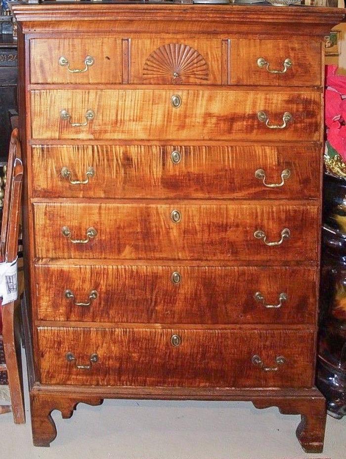 Circa 18th c. American Chippendale Tiger Maple High Chest, Bracket Feet, PA