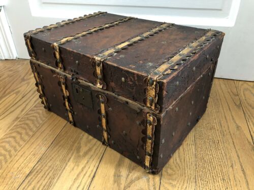 Antique Small Rare Highly Detailed Embossed Leather Covering Wood Studded Trunk