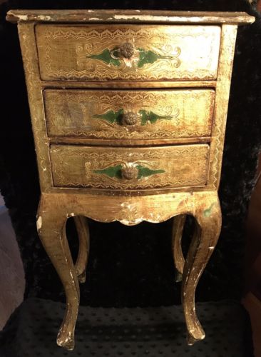 Vintage Florentine Italian Commode Chest Table Antique Gold/Green Painted Gilt