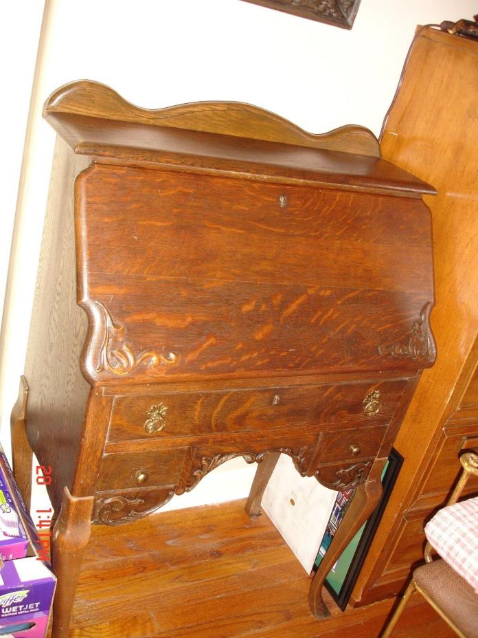 . Tiger Oak Drop Leaf Front Secretary Desk with Drawers