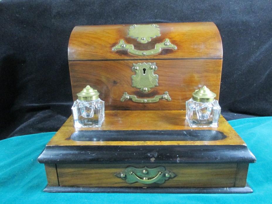 ANTIQUE 1850 VICTORIAN WALNUT & BRASS STATIONARY BOX WRITING DESK WITH INK WELLS