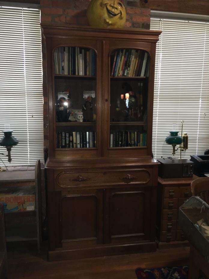 Victorian Antique Walnut Secretary Desk with Bookcase Top