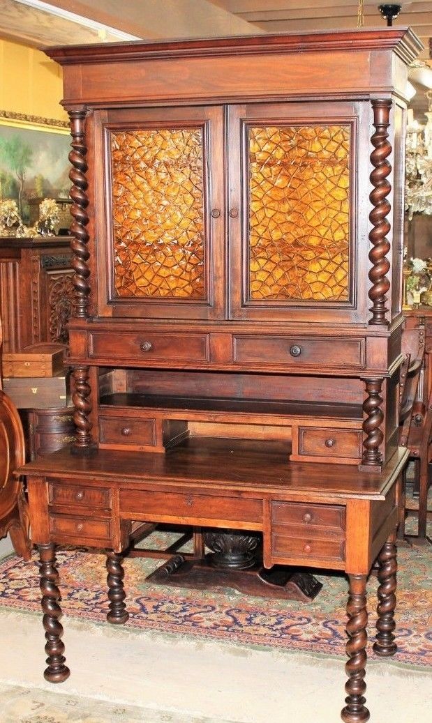 French Antique Louis XIII Large Secretary Desk / Tall 2 Door Bookcase Circa 1880