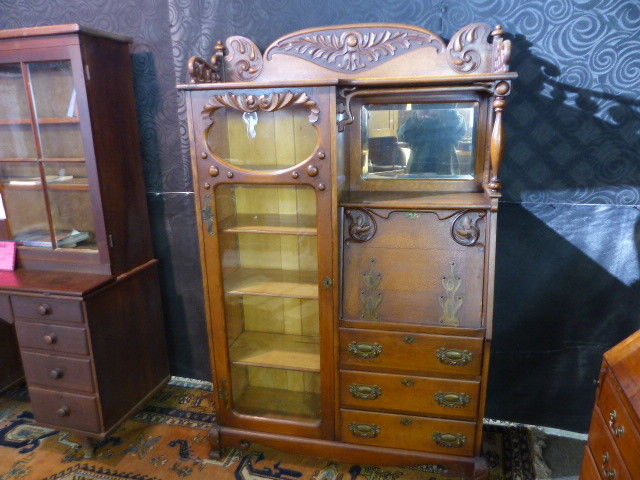 19thc antique secretary oak bookcase desk side by side ornate circa 1890