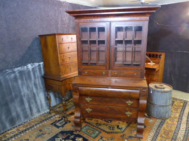 19thc antique empire bookcase desk crotch mahogany maker signed blaire warren vt