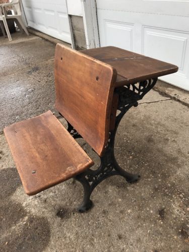 Vintage Child's School Desk Wood & Decorative Wrought Iron Seat 14
