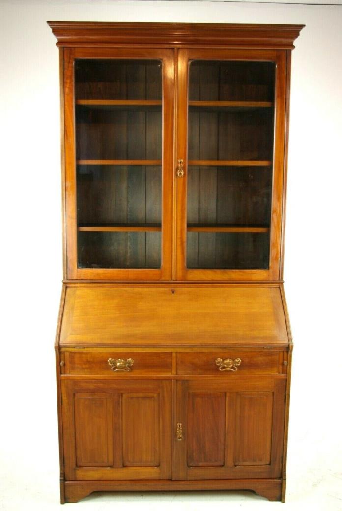 Walnut Bureau Bookcase, Slant Front Desk, Secretary Desk, Scotland 1910, B1174