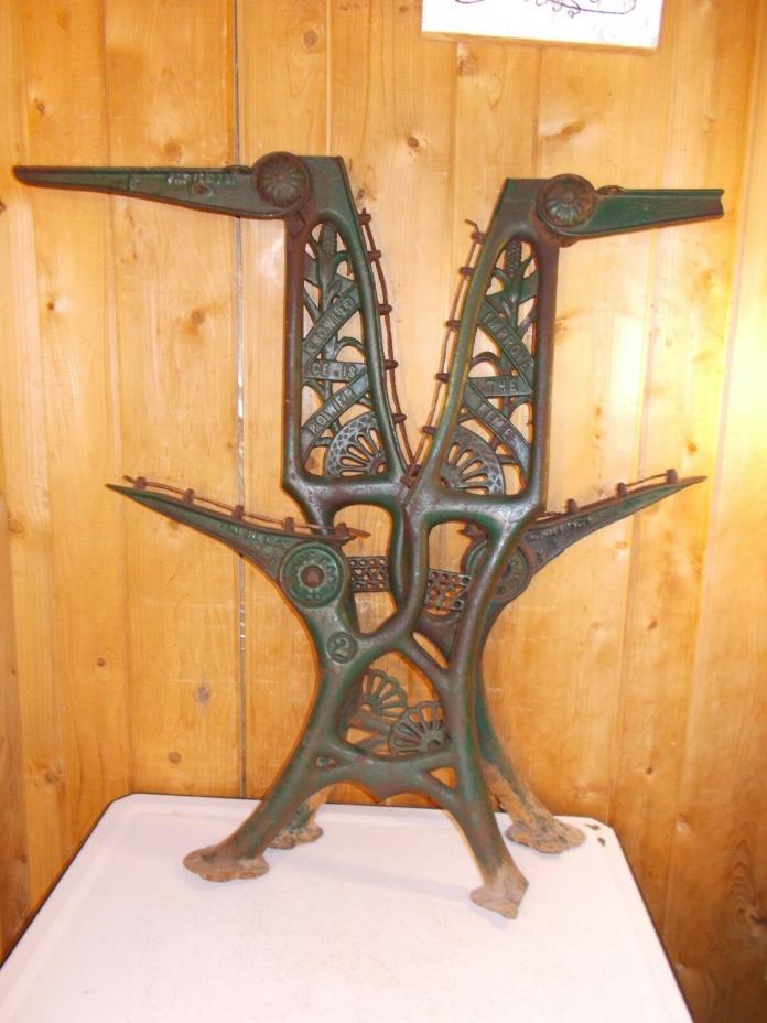 Pair of Patented 1881 Antique School Desk Bench Ornate Cast Iron Legs Thos Kane