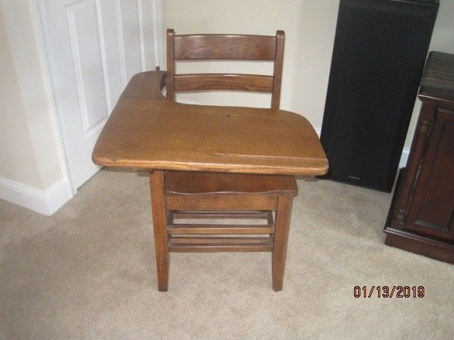 Vintage solid oak school student desk / chair