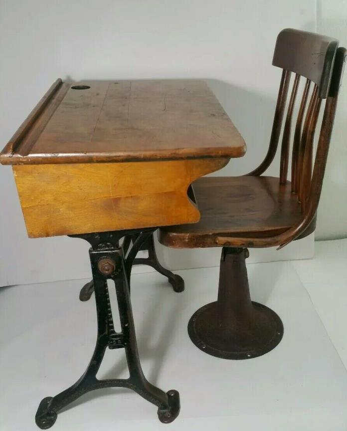 Antique Kenney Bros. & Wolkins School Student Desk #5 + Chair - Cast Iron, Wood