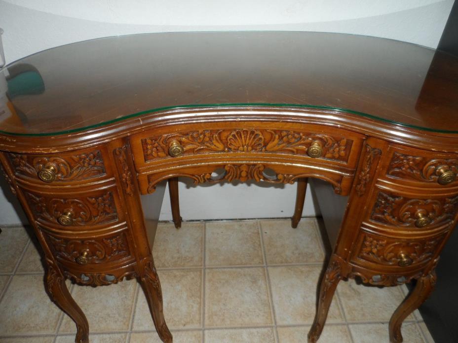 Antique Kidney Shaped Wood Desk with Glass Top--Beautiful--7 Drawers-L@@K!!!