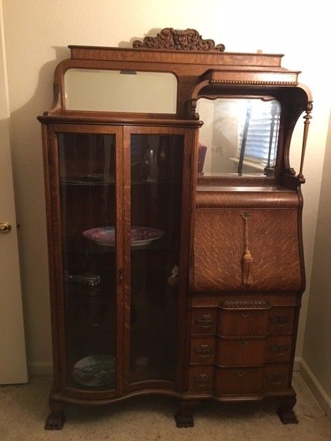 Antique Oak Side by Side Secretary Bookcase desk with convex leaded glass