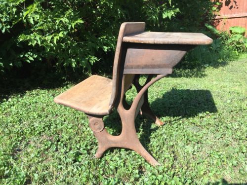 Antique Late 1800’s School Desk And Chair Wood Wrought Iron Folding Seat