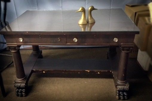 STUNNING ANTIQUE PARTNER DESK WITH CLAW  FEET FROM WAWBEEK RESORT IN ADIRONDACKS