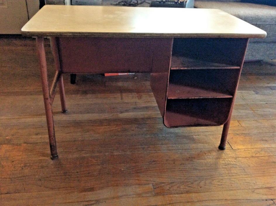 Vtg  student metal wood top child's school desk table storage tray mid century