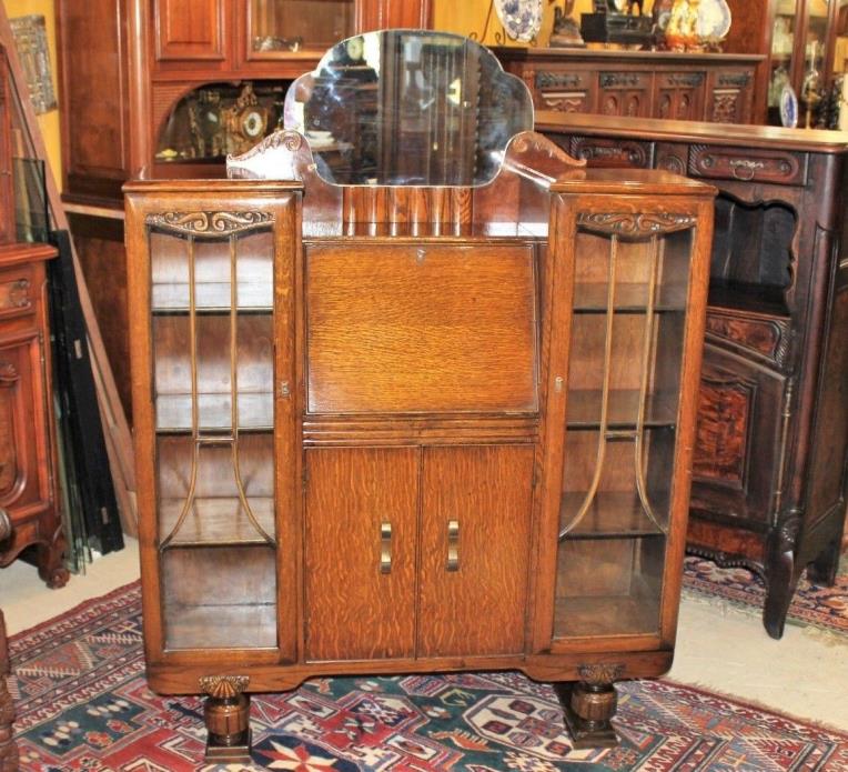 Art Deco Oak Antique Side By Side Bookcase / Drop Front Desk / Display Cabinet