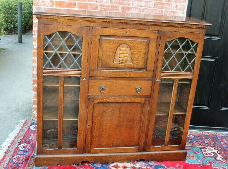 English Oak Antique Side By Side Bookcase / Drop Front Desk / Display Cabinet