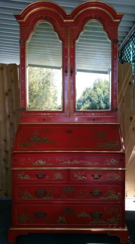 John Widdicomb Red Oriental Style Secretary Front Drop Desk